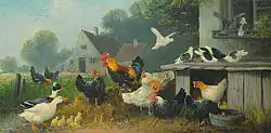 Птичий двор с утками, голубями, цыплятами, курами и петухом (картина Отто Шойерера (нем. Otto Scheuerer), 1862—1934)
