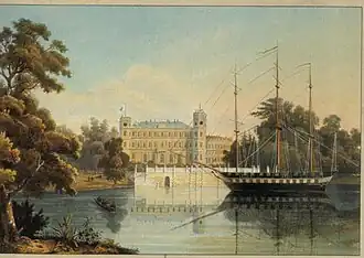 18-пушечный плоскодонный фрегат Эмпренабль (Неприступный)&nbsp;— флагман гатчинской флотилии, построенный в местном Адмиралтействе на Белом озере, на литографии Шульца с оригинала И. Я. Мейера