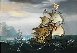 Голландское торговое судно в неспокойных водах у скалистого берега, киты поблизости. Между 1633 и 1656. Дерево, масло. Частное собрание