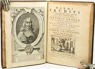Книга "Marmi eruditi ovvero Lettere sopra alcune antiche inscrizioni, opera postuma del conte Sertorio Orsato" с портретом Серторио Орсато. 1719 г.