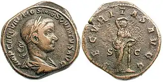 Секуритас, безопасность Римской империи, на оборотной стороне сестерция Гостилиана