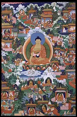 Painting with Gautama Buddha with scenes from Avadana legends depicted