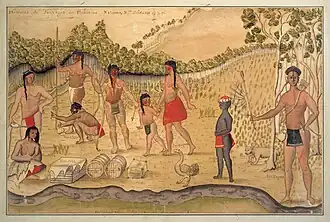 Представители различных индейских племён. Крайний справа&nbsp;— индеец из племени атакапа. А. де Бац, 1735.