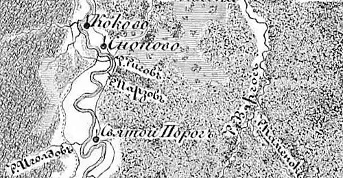 Деревня Снопово на семитопографической карте 1847 года