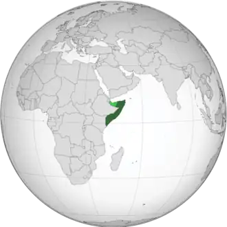 Сомали на карте мира. Светло-зелёным обозначена территория непризнанной Республики Сомалиленд