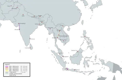 Высокоскоростные магистрали Южной и Юго-Восточной Азии 320-350 км/ч  265-310  240-260 км/ч  200-230 км/ч  <200 км/ч