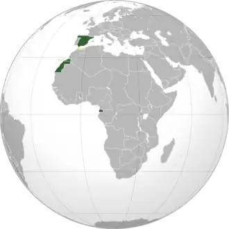 Территории и колонии Испанского государства:
Испания, Испанская Сахара и Испанская Гвинея
Протекторат Марокко
Международная зона Танжер