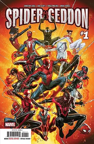 Обложка комикса Spider-Geddon #1 (октябрь 2018)Художник — Джордж Молина.