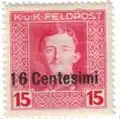 Оккупационная марка: надпечатка на марке полевой почты Австрии в Италии, 1918, 16 чентезимо&nbsp;(Sc #N8)[^]