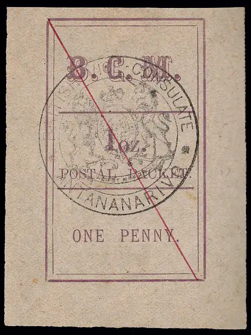 1884: надпись «B. C. M.» («British Consular Mail»&nbsp;— «Британская консульская почта»)&nbsp;(Sc #1)