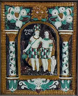 Кафельная плитка с персонификацией Америки, из Южной Германии, ок.  1650-1700, керамическая и полихромная глазурь, в Германский национальный музей (Нюрнберг, Германия)