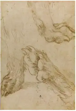 Леонардо да Винчи. Этюды собачьих лап (оборот). Бумага, серебряное перо. 14,1 × 10,7 см. Национальная галерея Шотландии, Эдинбург. Инв. D5189