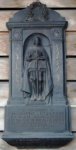 To the memory of J.P. Lansfield: E.T Dawson: D.C. Elder: H.D. Hodkinson of the staff of this branch of the Sun Insurance Office who fell in the war 1939—1945