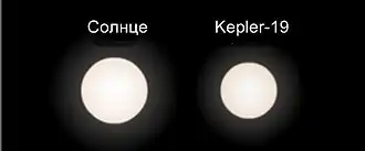 Сравнительные размеры Солнца и Kepler-19.