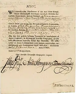 Акции шведской компании Леванта на 1500 далеров медной монеты, выпущенной 15 декабря 1748 года, выданная в Стокгольме Андерсу Пломгрену и подписанная собственноручно им и Клаесом Гриллем, двумя основателями и директорами компании