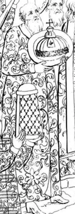 Фрагмент из "Книги об избрании…", изображающий торжественную процессию в Кремле, предполагаемое изображение дьяка Сыдавного-Васильева с золотым блюдом