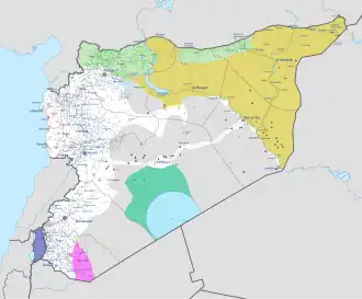 Территориальный контроль на март 2025 года 
Второе переходное правительство Сирии и его союзники:
     Вооружённые силы Сирии 
     Вооружённые силы Турции и протурецкие ополчения 
     Армия свободной Сирии 
     Деконфликтная зона Эт-Танф (под контролем Вооружённых сил США и Армии свободной Сирии)
     Друзские группировки
     Сирийские демократические силы
Прочие:
     Армия обороны Израиля
     Вооружённые силы Российской Федерации
     Зоны активности повстанцев сирийского народного сопротивления
     Малонаселённые участки без устойчивого управления