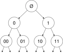 Двоичное дерево с континуумом концов, по одному для каждой бесконечной последовательности 0—1