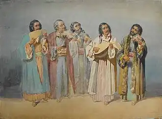 Семейный цыганский тараф (ансамбль лэутаров, народных музыкантов) Окьальби (рум. Taraful Ochialbi) из Бухареста. Рисунок Кароя Сатмари, 1860 год.