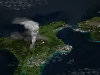Компьютерное изображение гигантской эруптивной колонны во время извержения Оруануи.