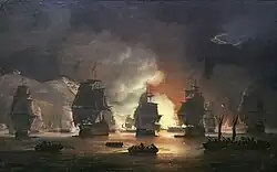 Британский флот лорда Эксмута покидает сожжённый Алжир.