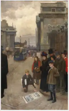 толпа покруг газетчика на Графтон-стрит в Дублине