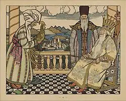 Вот мудрец перед Дадоном стал и вынул из мешка золотого петушка.