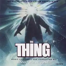 Обложка альбома Эннио Морриконе «The Thing&nbsp;— Original Motion Picture Soundtrack (переиздание)Ennio Morricone – The Thing, Reissue 1991, Varèse Sarabande, VSD-5278 на сайте [[discogs.com]]&nbsp;&nbsp;(неопр.). Дата обращения: 2011. Архивировано 15 января 2013 года.&nbsp;(англ.)Ennio Morricone – The Thing, Reissue 1991, Varèse Sarabande, VSD-5278 на сайте [[allmusic.com]]&nbsp;&nbsp;(неопр.). Дата обращения: 2011. Архивировано 31 мая 2012 года.&nbsp;(англ.)» ()