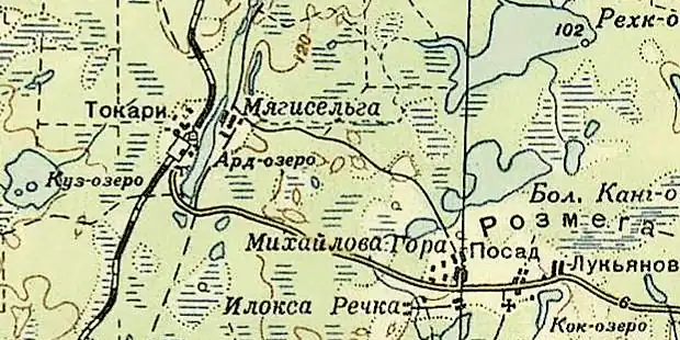 Деревня Мягисельга и посёлок Токари на карте РККА 1936 года
