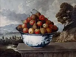 Фрукты в керамическом сосуде на фоне пейзажа.