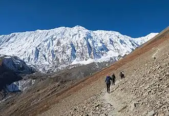 Туристы на высоте 4500 метров, следующие вдоль склонов горного массива Аннапурна