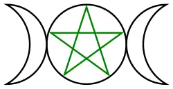 A green pentagram circumscribed in black in center with a waxing crescent moon on the left and waning crescent moon on the right.