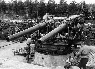 Спаренная установка 120-мм/50 пушек на береговой батарее