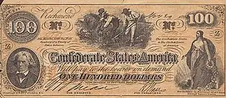 100 долларов КША с изображением негров-рабов на плантации. Ричмонд, 1862