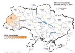 Виктор Ющенко (первый тур)&nbsp;— в процентах от общего количества голосов (5.56&nbsp;%)