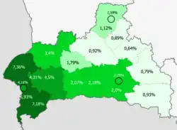 Доля украинцев по районам&nbsp;>6%&nbsp;4–6%&nbsp;2–4%&nbsp;1–2%&nbsp;<1%