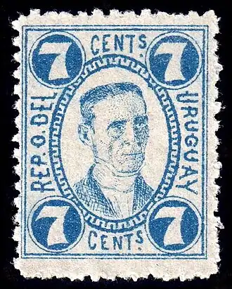 «Rep. O. del Uruguay» («Восточная Республика Уругвай»): 7 сентесимо, с изображением Хоакина Суареса, 1881&nbsp;(Sc #45)