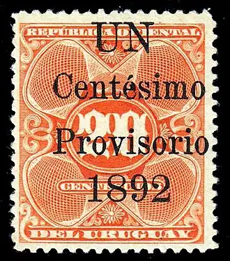 Надпечатка 1892 года для нового номинала в 1 сентесимо на марке в 20 сентесимо из выпуска 1889—1901 годов&nbsp;(Sc #100)