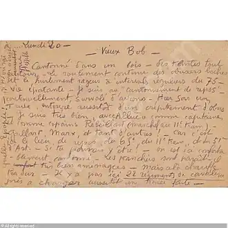 Открытка с войны от Жака Ваше́ своему другу «Старому приятелю Бобу» («Vieux Bob»). (до 1918).