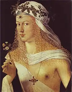 Портрет Лукреции Борджии в образе Флоры. 1520-е. Дерево, темпера, масло.  Штеделевский художественный институт, Франкфурт-на-Майне