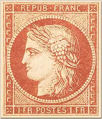 Редкая марка номиналом в 1 франк цвета киновари[фр.]