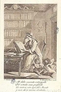 В. Паскаль-и-Перес. Мадам де Гомес в своём кабинете. 1796. ОфортФронтиспис из издания «Jornadas divertidas, politicas sentencias y hechos memorables de los reyes y heroes de la antiguedad» (1792–1797), по рисунку Х. А. Химено-и-КаррераНациональная библиотека Испании, Мадрид