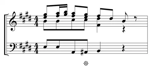 Пример 3. Концерт «Весна», часть I, т. 3. Звёздочкой отмечен малый вводный септаккорд к доминанте, «отпечаток пальцев» Вивальди