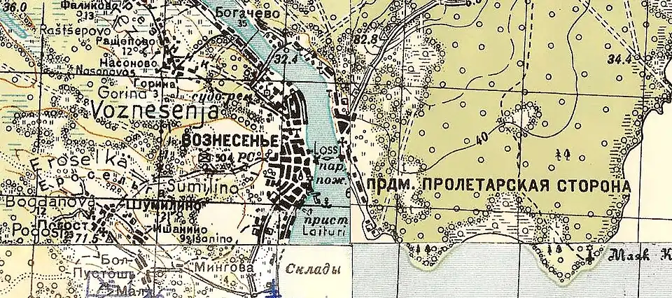 Посёлок Вознесенье на карте 1943 года