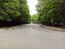 Вид от входа в Тимирязевский парк в сторону Тимирязевской улицы