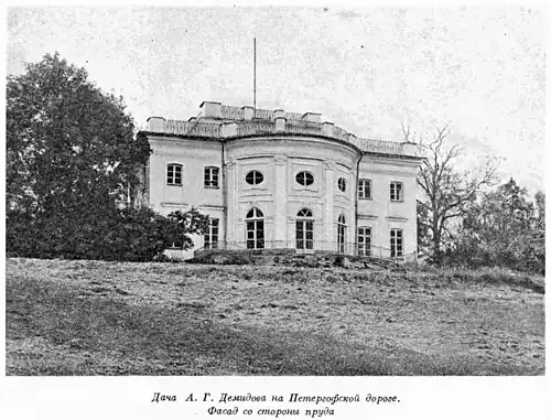 Вид на бывшую демидовскую усадьбу с нижнего пруда парка, северной стороны (Фото М. А. Величко, 1940).