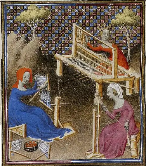 Женщины ткут, прядут и расчёсывают лён. Миниатюра из французской рукописи трактата Джованни Боккаччо De mulieribus claris («О знаменитых женщинах»), XV век