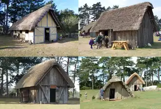 Реконструированные постройки в англосаксонской деревне Уэст-Стоу, Суффолк.