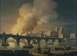Вид на старый Вестминстерский мост и пожар в старом здании парламента в 1834 году из Ламбета.