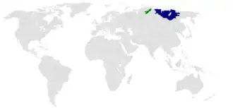 Карта распространения якутского языка (синим). Зелёным выделен долганский язык